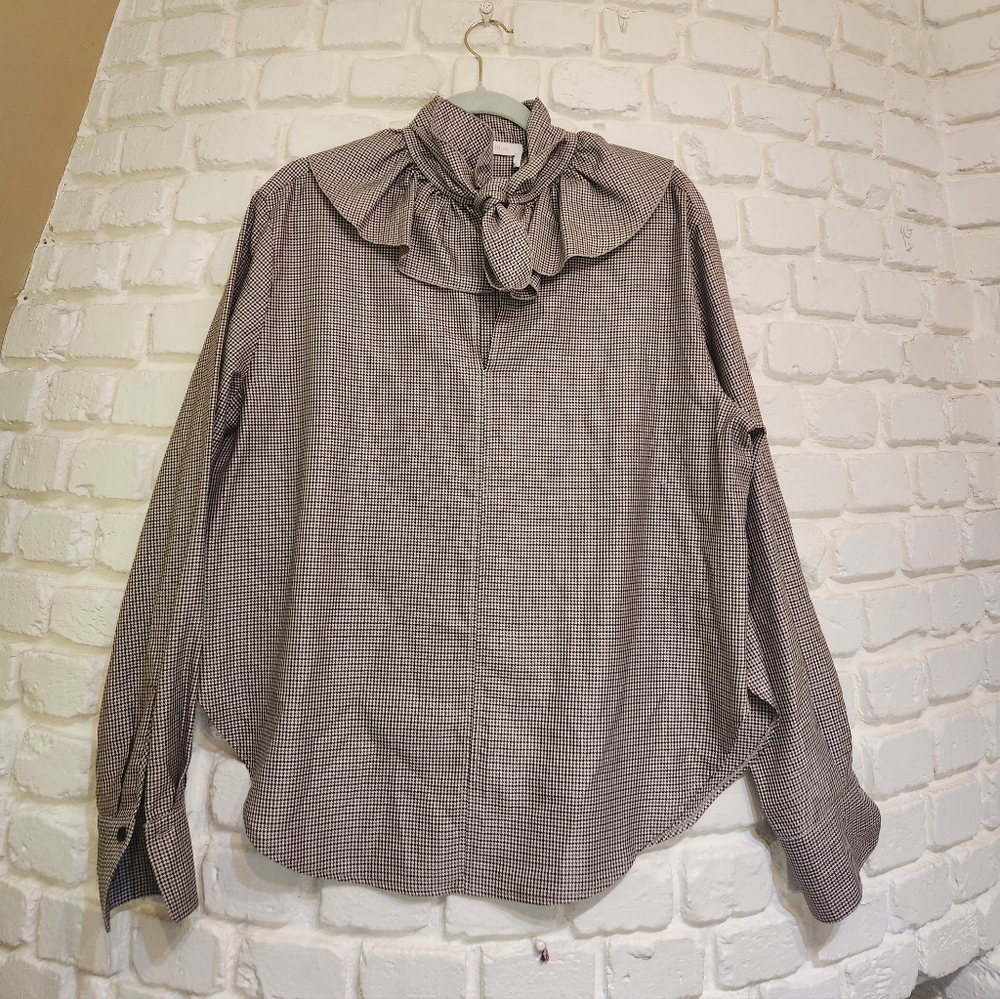 See By Chloe Brown Checkered Long Sleeve Blouse with Bow Collar Sz 10